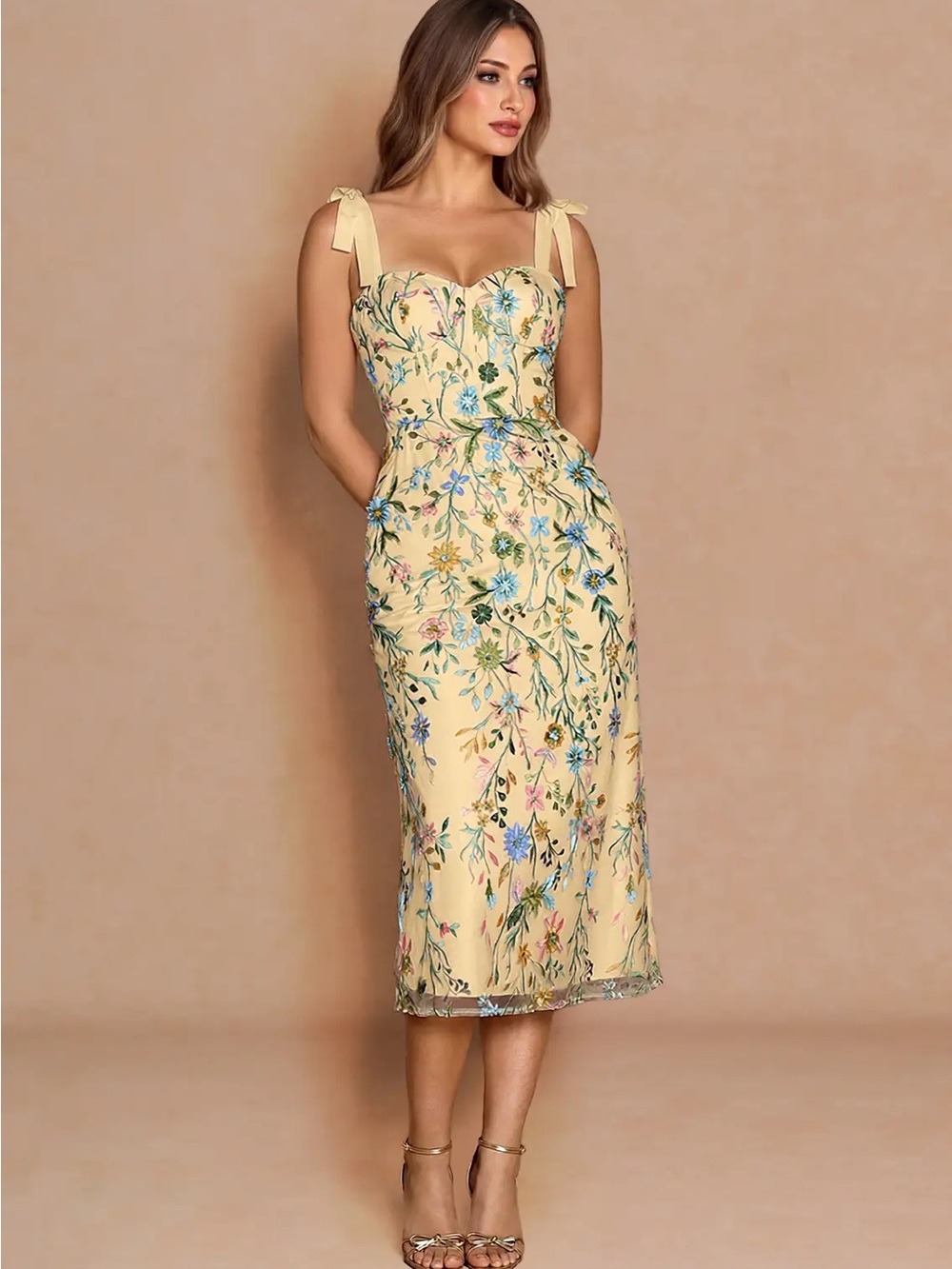 Amarie Lemon Yellow Floral Embroidered Midi Dress with Bow Tie-Shoulder Straps